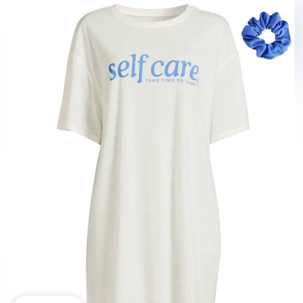 Women’s Sleep Shirt with Blue 'Self‎ Care' Print and Matching Bow! NWT!